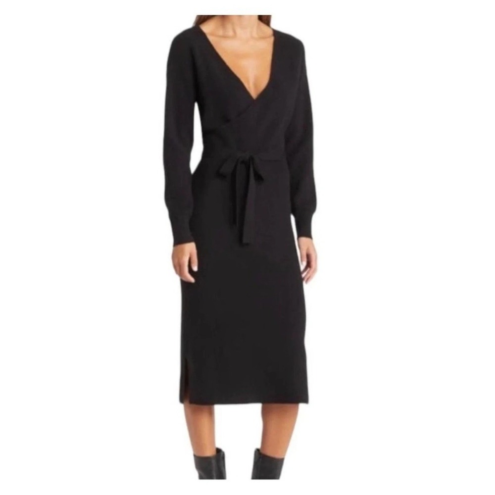 Chelsea 28 Dress XS Black Belted Sweater Long Sleeve V-Neck V-Back Witchy Goth